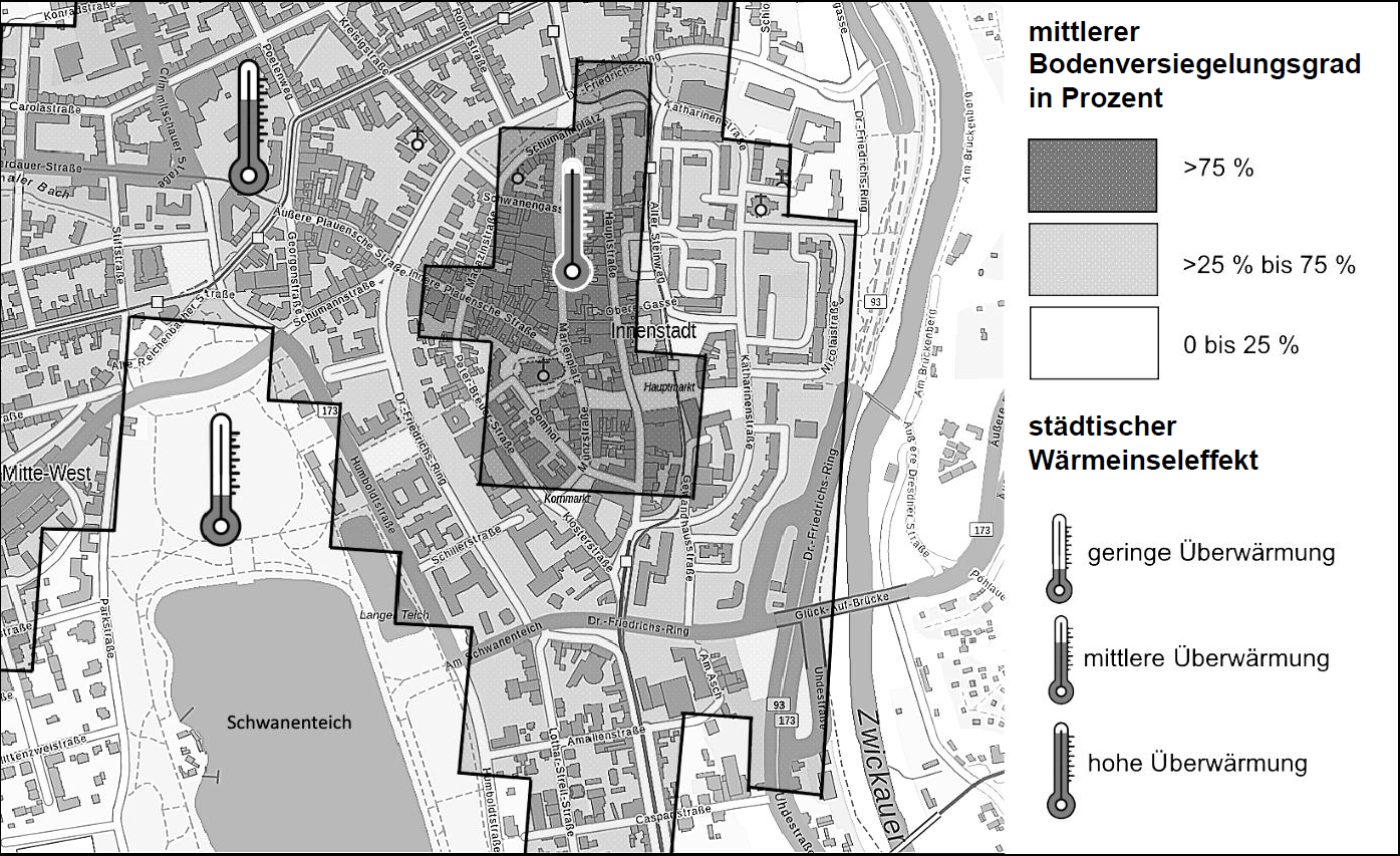 Schwarzweiß-Stadtkarte mit markierten Versiegelungsgraden und Thermometer-Symbolen für städtischen Wärmeinseleffekt